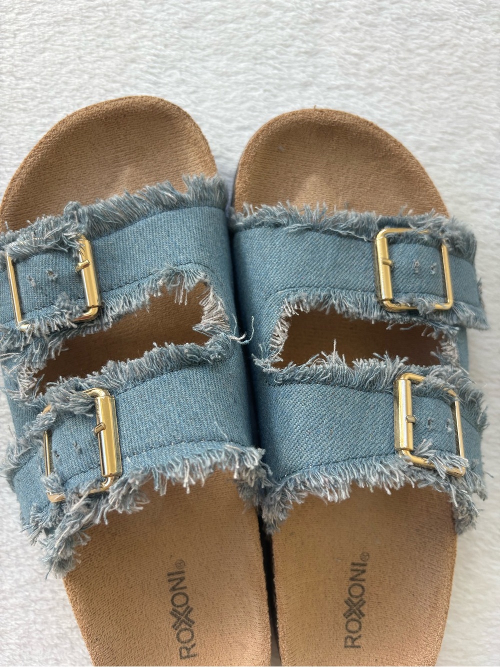 Blue Frayed Double-Buckle Slide Sandals - Picture 6 of 7
